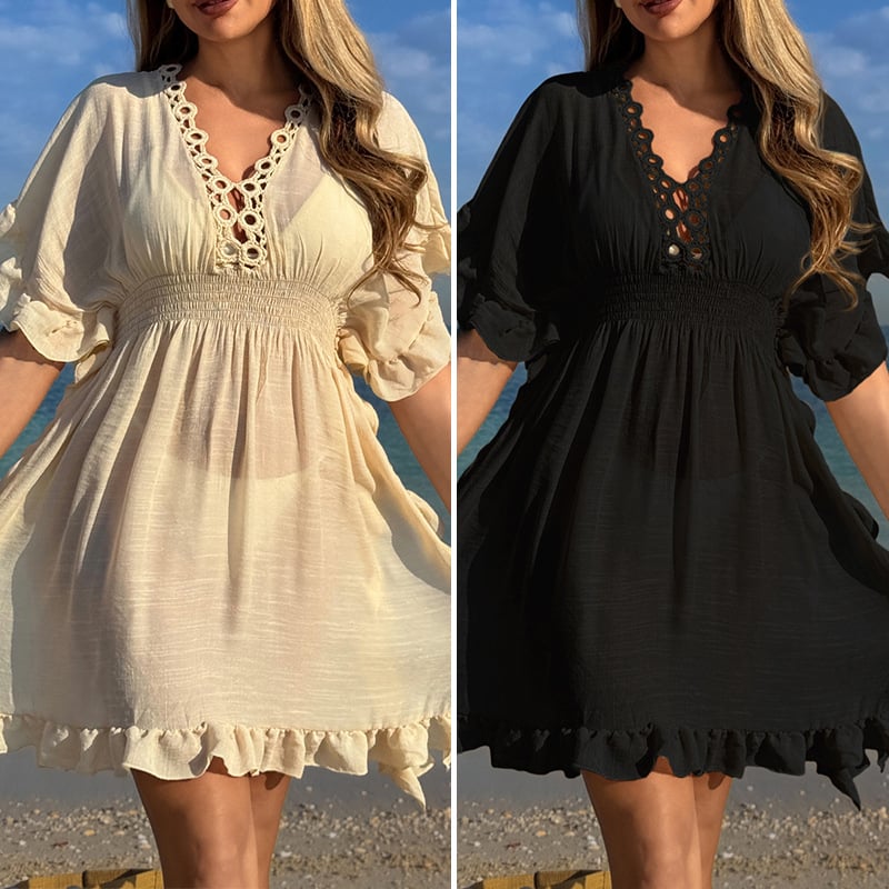 Плажна рокля‑покривало за жени с дантелена яка и кант по подгъва във форма на лотос; 100% полиестер, подплата 100% полиестер, тегло 165 g; за жени 18–30