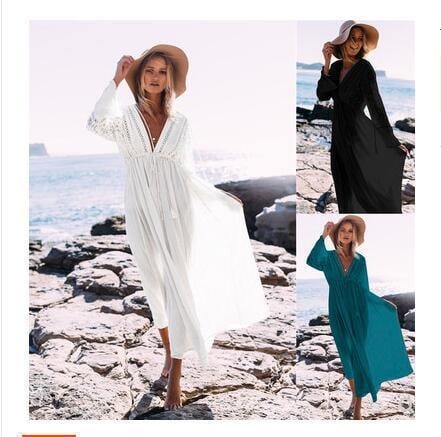 Strandruha szett: csipkés bikinifelső és hosszú nyaraló ruha, anyag: rayon; összetétel: 100% pamut; stílus: páros strandöltözet