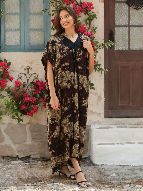 Ženski kaftan za plažu s leopard printom i zlatnim šavovima, s ovratnikom, 100% poliestera, 300 g/m2