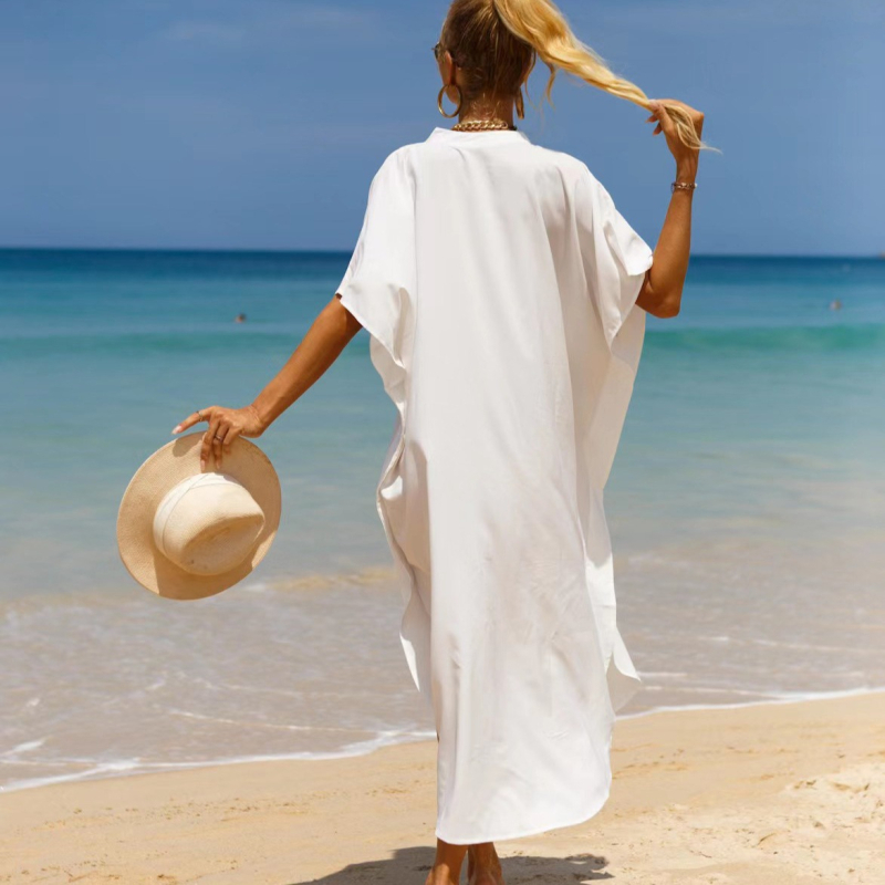 Duga plažna haljina s košuljastim stilom zaštite od sunca, sloj preko bikinija
