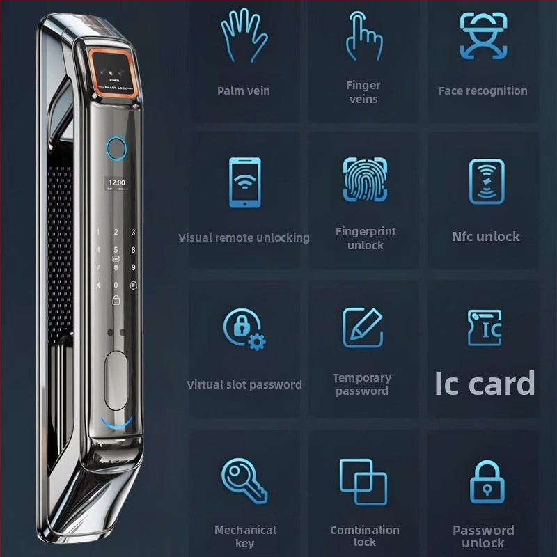 3D arcfelismeréses okoszár, 100 ujjlenyomat tárolás, 0,01 s szkennelési idő, FAR <0,001, FRR <0,01, anti-tolvaj ajtókhoz, távoli kioldás, jelszó és kulcs hozzáférés