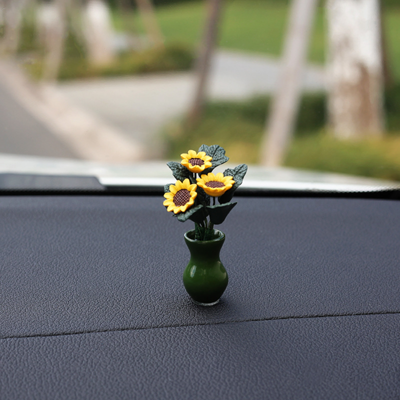 Керамично табло за автомобил – ретро стил, мини вазичка със слънчоглед, марка Cute, функция: облекчаване на стреса