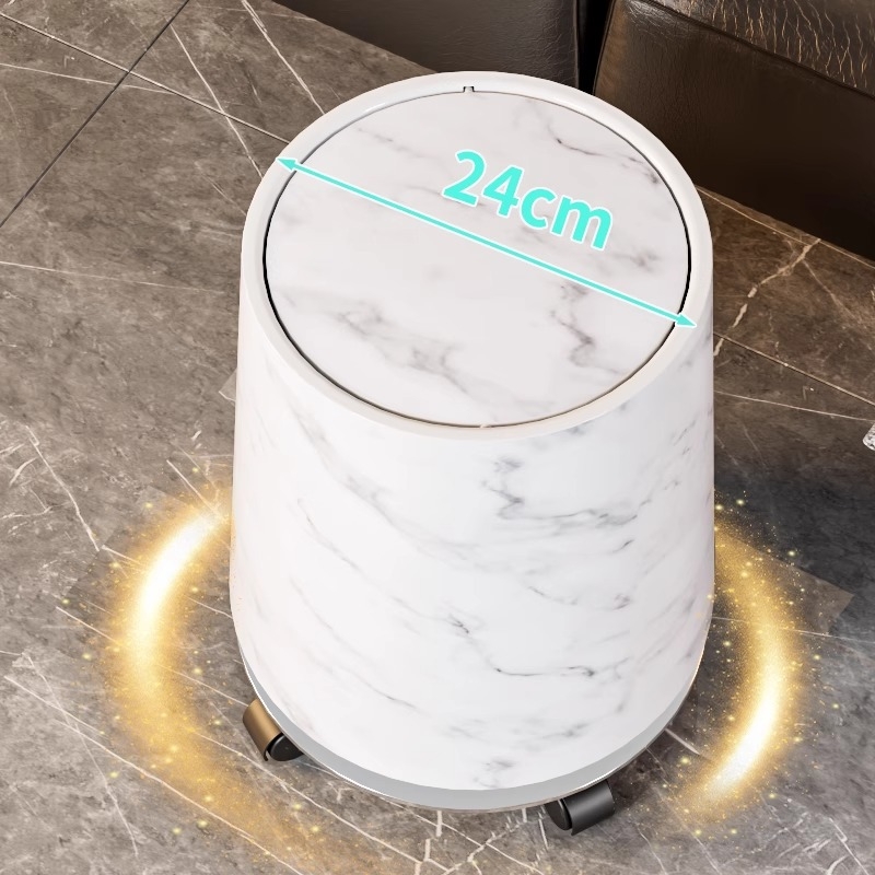 Műanyag szemetes kerékkel és tolófedéllel, vintage márványhatás, hordó alak, 12 L+ kapacitás, háztartási használatra (12 L+; tolófedél; műanyag; hordó alak; háztartási)