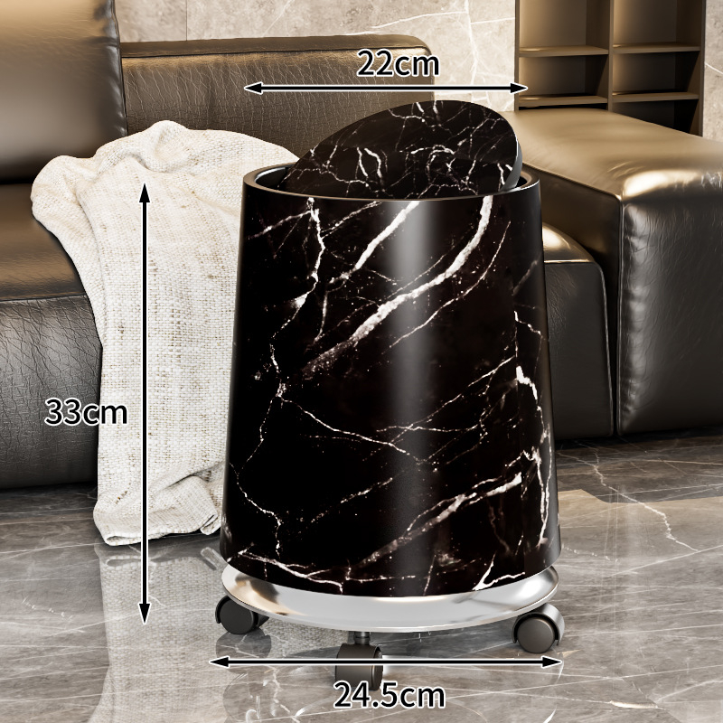 Műanyag szemetes kerékkel és tolófedéllel, vintage márványhatás, hordó alak, 12 L+ kapacitás, háztartási használatra (12 L+; tolófedél; műanyag; hordó alak; háztartási)