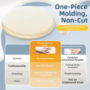 Kör alakú memóriahabos párna tej-selyem huzattal, varrásos, könnyed luxus stílus; egész éves használatra; ideális irodába, tatamira, kanapéra, autóba és étkezőszékekhez