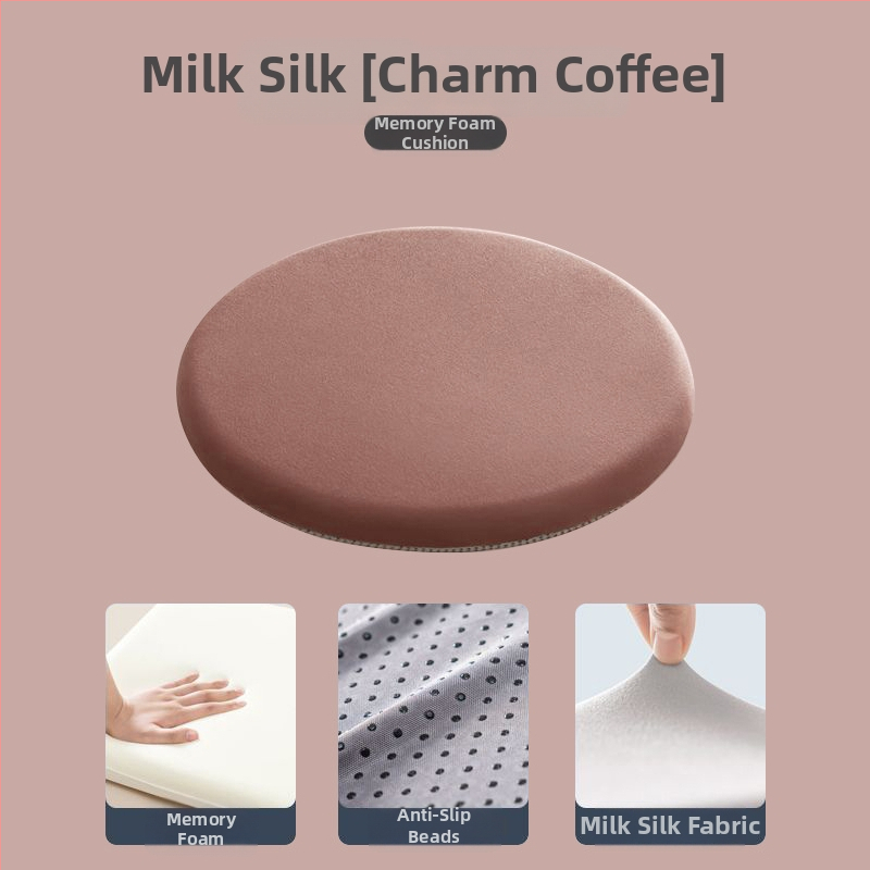 Kör alakú memóriahabos párna tej-selyem huzattal, varrásos, könnyed luxus stílus; egész éves használatra; ideális irodába, tatamira, kanapéra, autóba és étkezőszékekhez