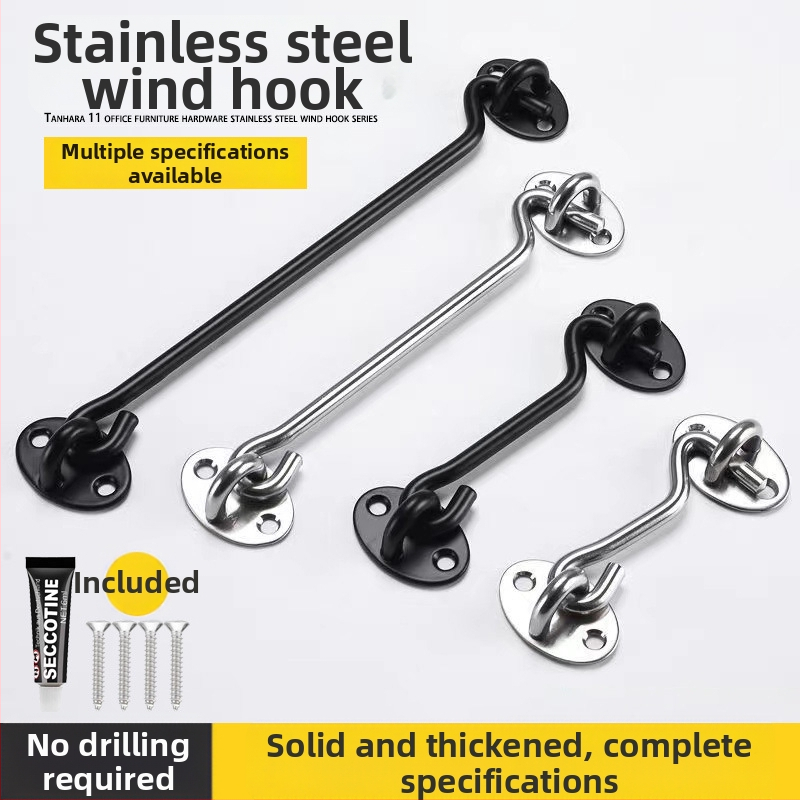 Nerezový okenný háčik – model Window Wind Hook, Materiál: nerezová oceľ, Povrchová úprava: lesklá elektroplatňa, Použitie: dverový/okenný zámok, Značka: Three Cats