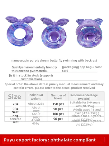 Inel de înot cu spate gonflabil pentru copii, design cu fluture, PVC ecologic, grosime 0,21 mm, umflare manuală, pentru piscină, lac și mare (3–6 ani)