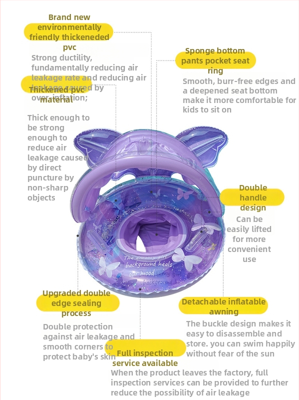 Inel de înot cu spate gonflabil pentru copii, design cu fluture, PVC ecologic, grosime 0,21 mm, umflare manuală, pentru piscină, lac și mare (3–6 ani)