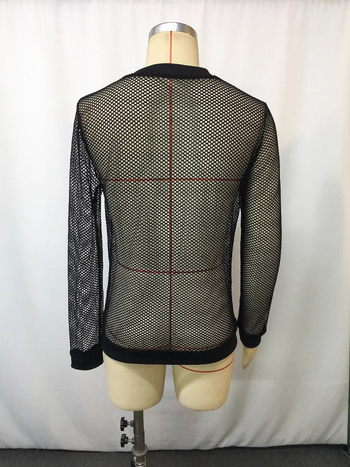 Tricou din plasă cu decolteu în V, mâneci lungi, croi mulat, pentru vară