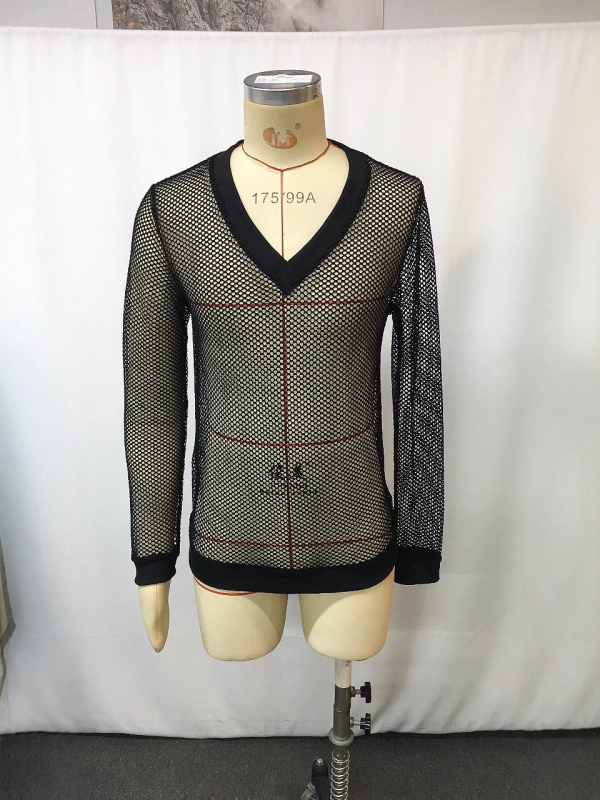 Tricou din plasă cu decolteu în V, mâneci lungi, croi mulat, pentru vară