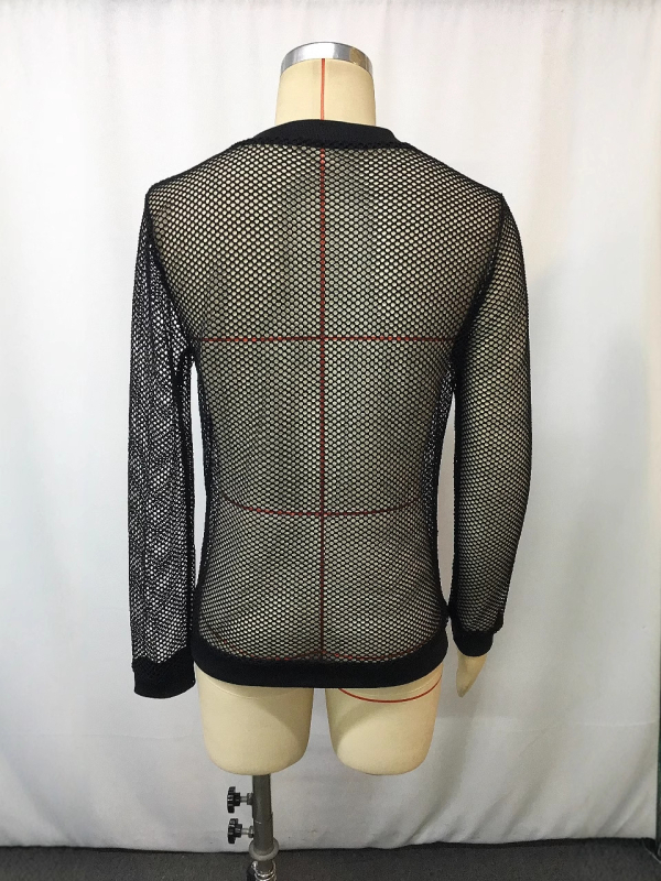 Tricou din plasă cu decolteu în V, mâneci lungi, croi mulat, pentru vară