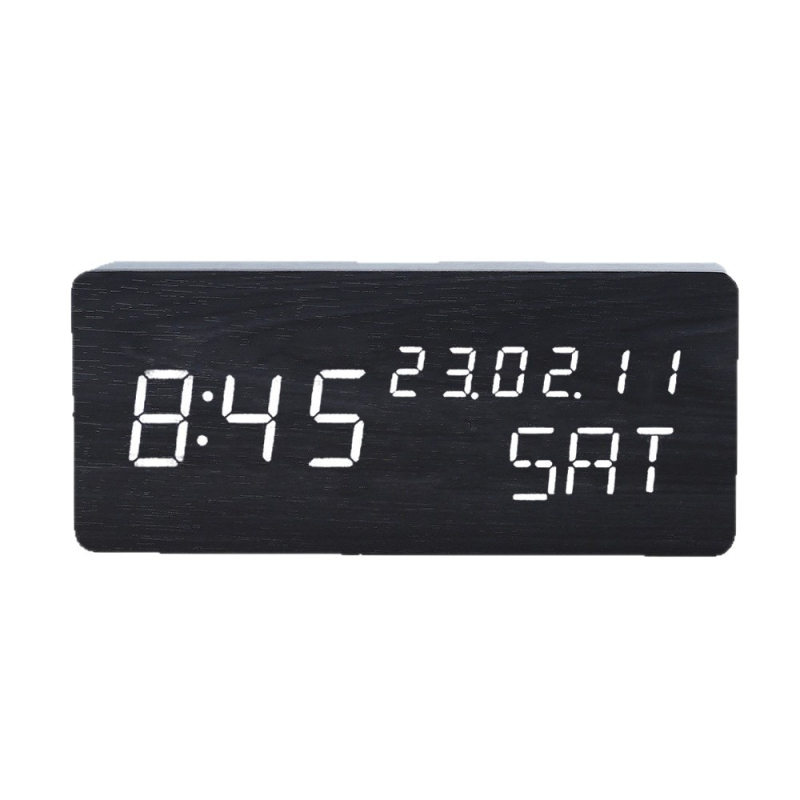 Дървен будилник с LED дисплей, тих кварцовMechanizm, термометър и влажност, календар