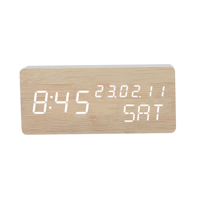 Дървен будилник с LED дисплей, тих кварцовMechanizm, термометър и влажност, календар