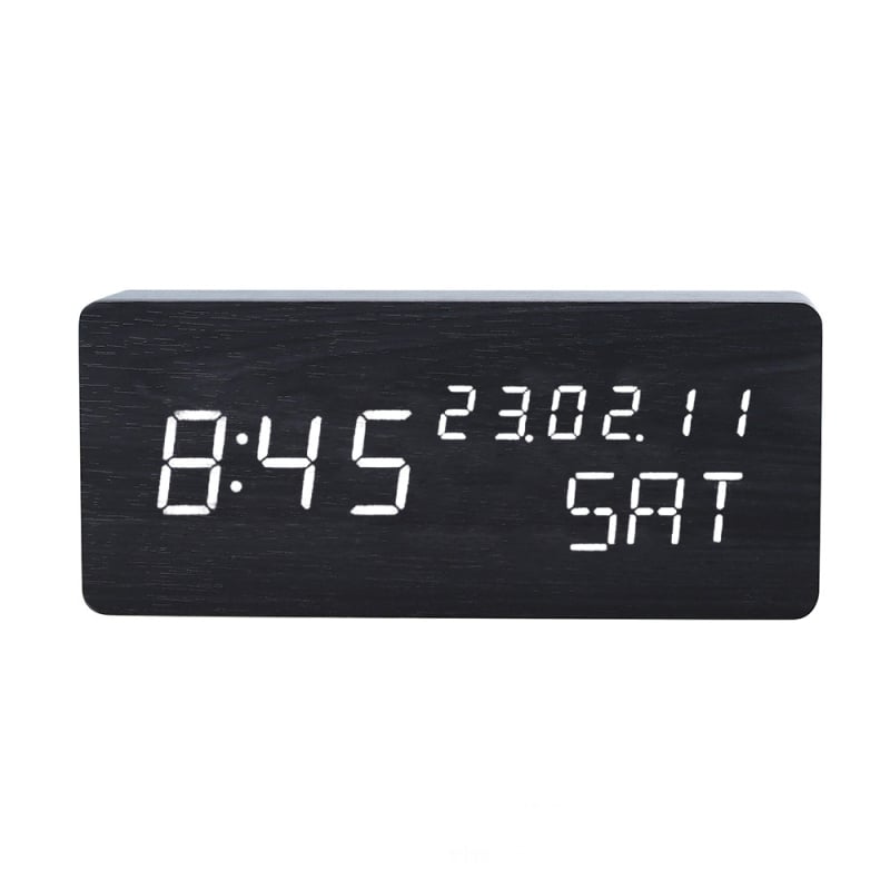 Дървен будилник с LED дисплей, тих кварцовMechanizm, термометър и влажност, календар