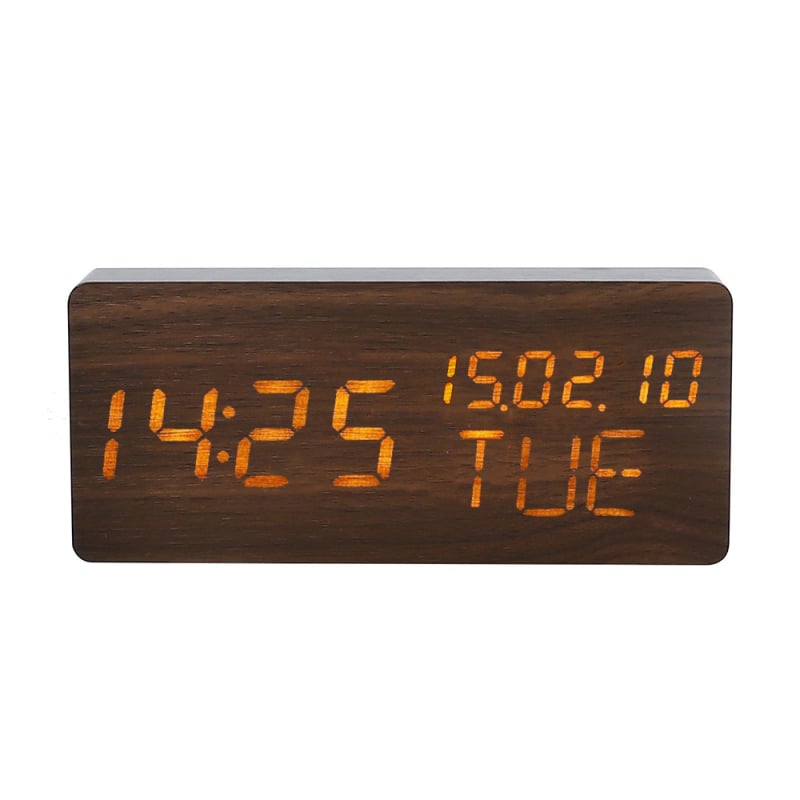 Дървен будилник с LED дисплей, тих кварцовMechanizm, термометър и влажност, календар
