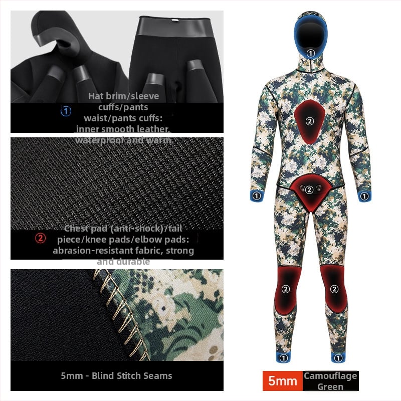 DUNLIU 3 mm ribolovno-lovački kostim, 5 mm dvodijelni kapuljačasti Smooth-Skin ronilački wetsuit, kamuflažni topli kostim za plivanje i surfanje