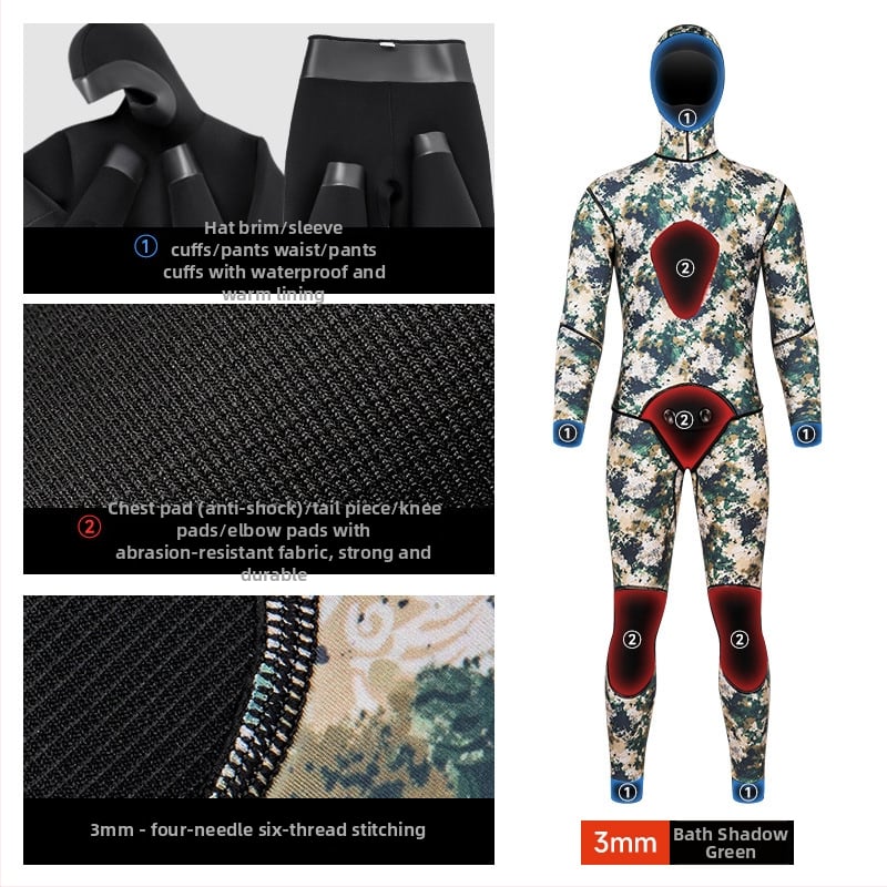 DUNLIU 3 mm ribolovno-lovački kostim, 5 mm dvodijelni kapuljačasti Smooth-Skin ronilački wetsuit, kamuflažni topli kostim za plivanje i surfanje