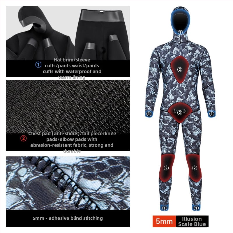 DUNLIU 3 mm ribolovno-lovački kostim, 5 mm dvodijelni kapuljačasti Smooth-Skin ronilački wetsuit, kamuflažni topli kostim za plivanje i surfanje