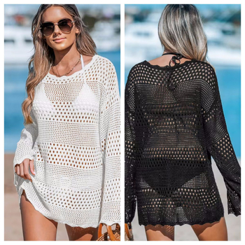 Plažni prekrivac s dugim rukavima, prozirna pletenina, okrugli izrez, podstava poliester, 300 g