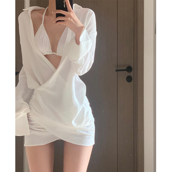 Ženska plažna bluza-cover za bikini – dugi rukavi, brzo sušenje, jednofarbna, udubljenje za grudi