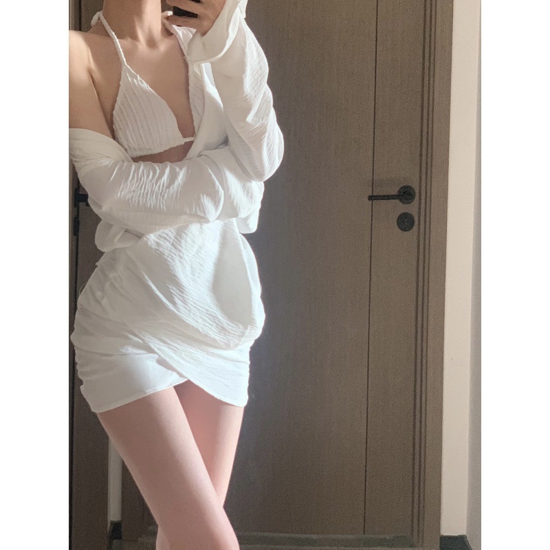Ženska plažna bluza-cover za bikini – dugi rukavi, brzo sušenje, jednofarbna, udubljenje za grudi