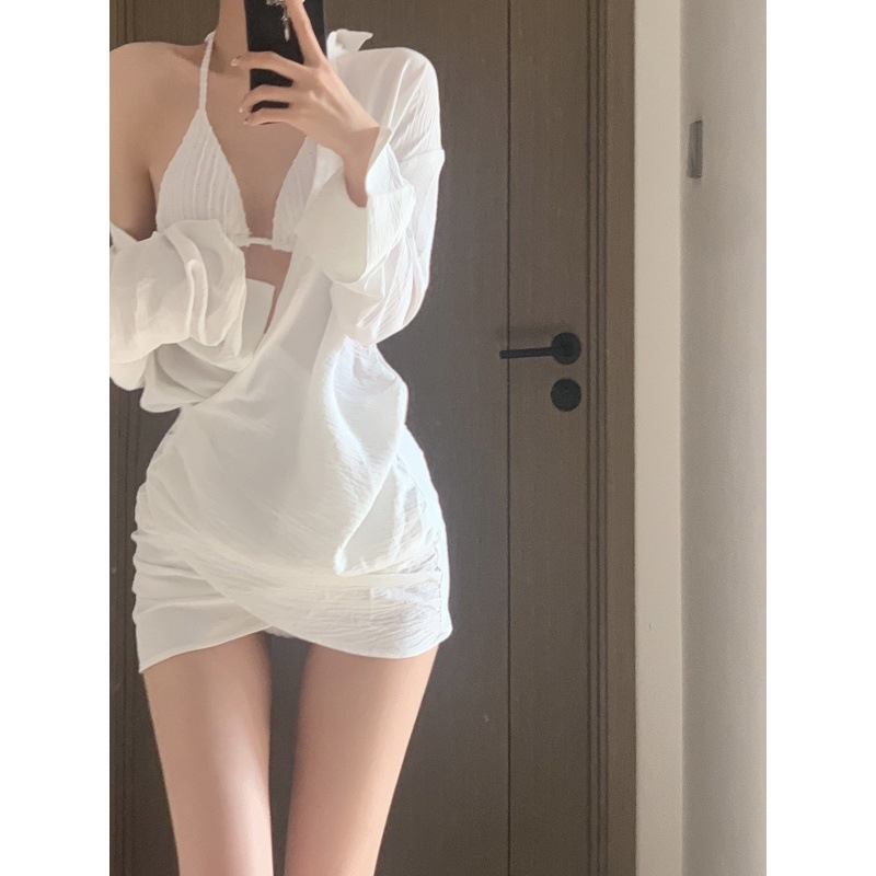 Ženska plažna bluza-cover za bikini – dugi rukavi, brzo sušenje, jednofarbna, udubljenje za grudi