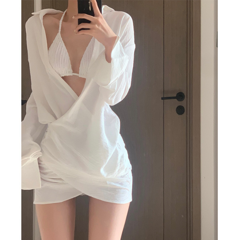 Ženska plažna bluza-cover za bikini – dugi rukavi, brzo sušenje, jednofarbna, udubljenje za grudi