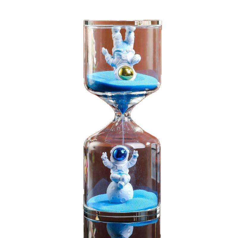 Pješčani sat s dizajnom astronauta — ručna izrada, stakleni dekorativni predmet, moderni minimalistički stil