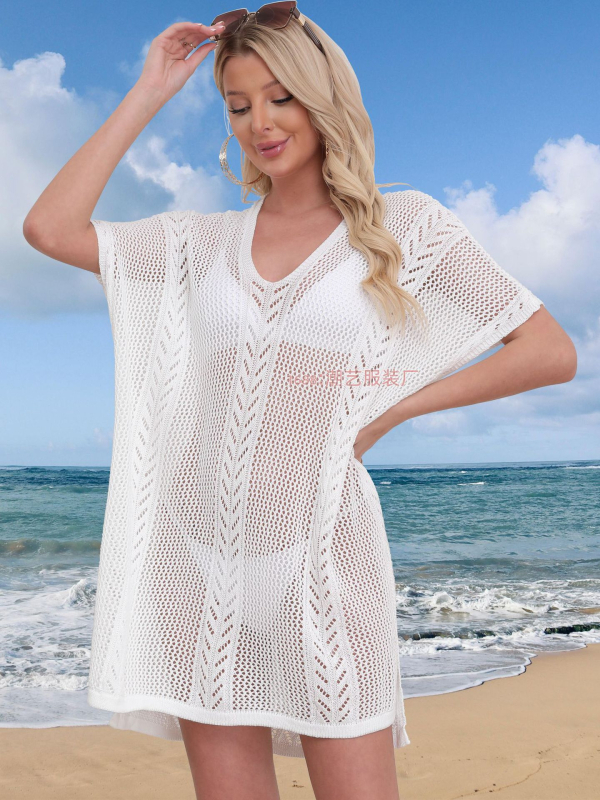 Plažni cover-up od pletenog prozračnog uzorka, zaštita od sunca za žene za bikini; 100% poliester; podstava: poliester; težina 350 g; pogodno za plivanje i vodene aktivnosti; dob 18–45