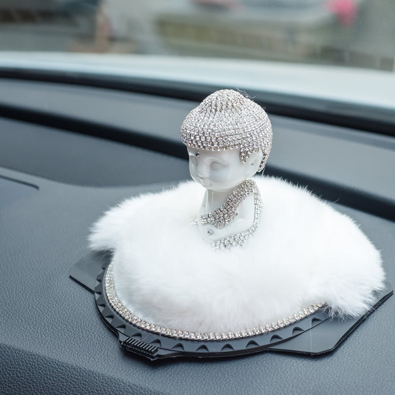 Meiyesi Σετ Διακόσμησης Αυτοκινήτου για Αρώματα με Βούδα από Γούνα Κουνελιού, Διαμαντένιες Λεπτομέρειες και Αντιολισθητικό Χαλάκι, Ιδανικό ως Επαγγελματικό Δώρο