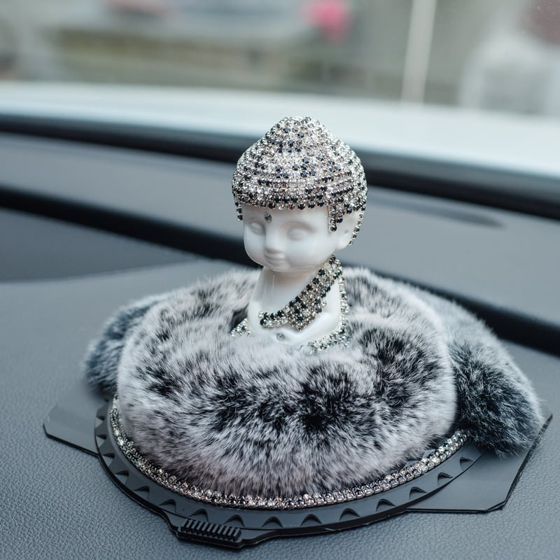 Meiyesi Σετ Διακόσμησης Αυτοκινήτου για Αρώματα με Βούδα από Γούνα Κουνελιού, Διαμαντένιες Λεπτομέρειες και Αντιολισθητικό Χαλάκι, Ιδανικό ως Επαγγελματικό Δώρο