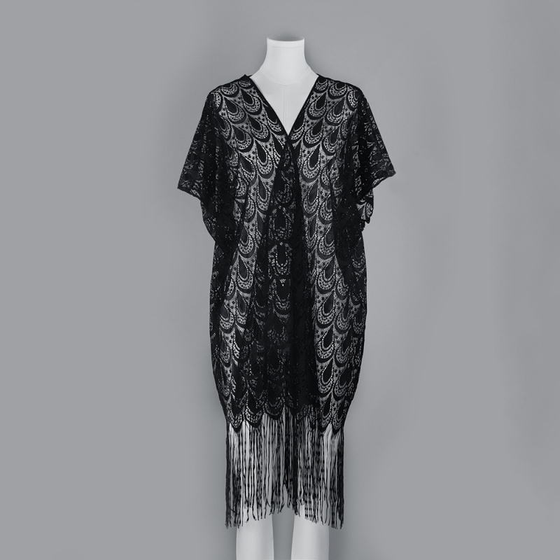 Csipkés bojtokkal díszített strandruha bikinihez – lazább szabású poliészter, lélegző, UV-védelem