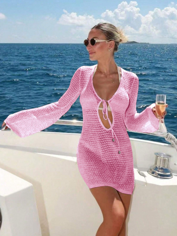 Ženski plažni cover-up s dugim rukavima i prorezanim pletenim dizajnom, 100% akrilna vlakna, težina tkanine 330 g, zaštita od sunca