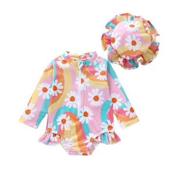 Dječji kupaći kostim s dugim rukavima, cvjetnim uzorkom i šeširom za sunce – set