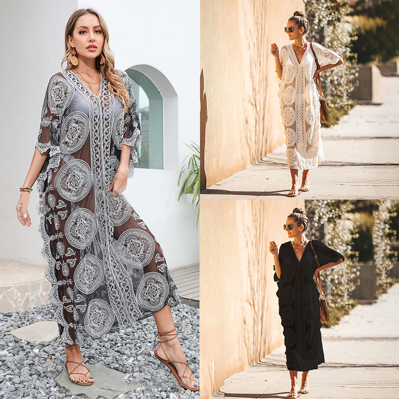 Ženski mrežasti izvezeni plažni prehoz, pamuk podstava, 100% pamuk, 220 g, za plivanje