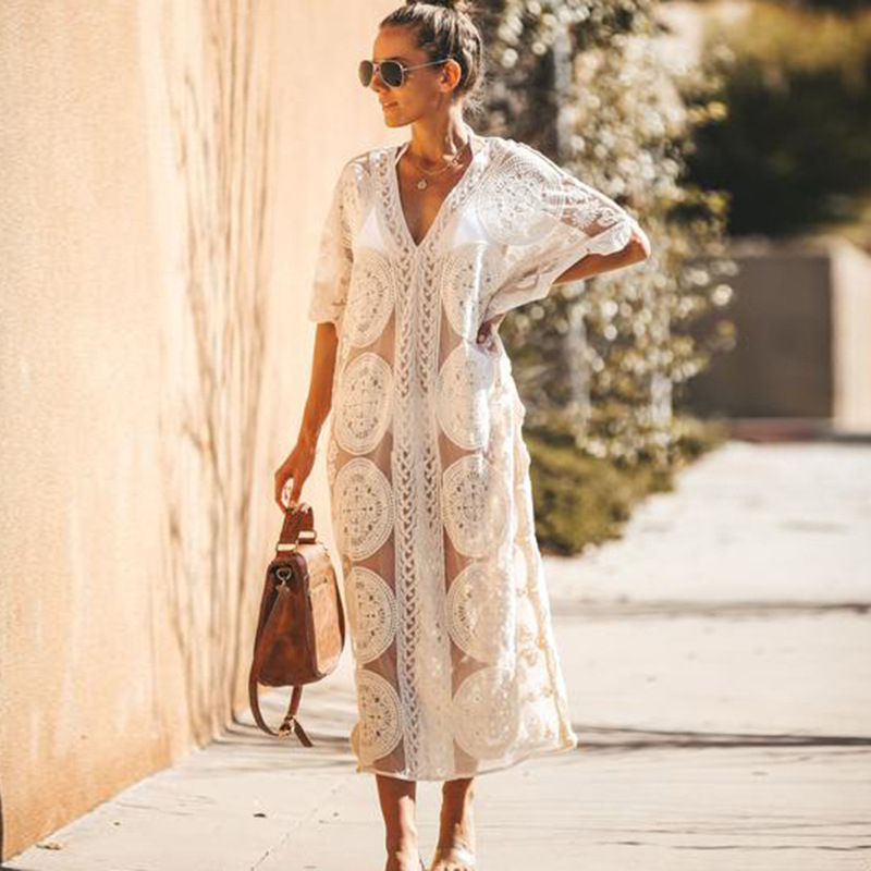 Ženski mrežasti izvezeni plažni prehoz, pamuk podstava, 100% pamuk, 220 g, za plivanje