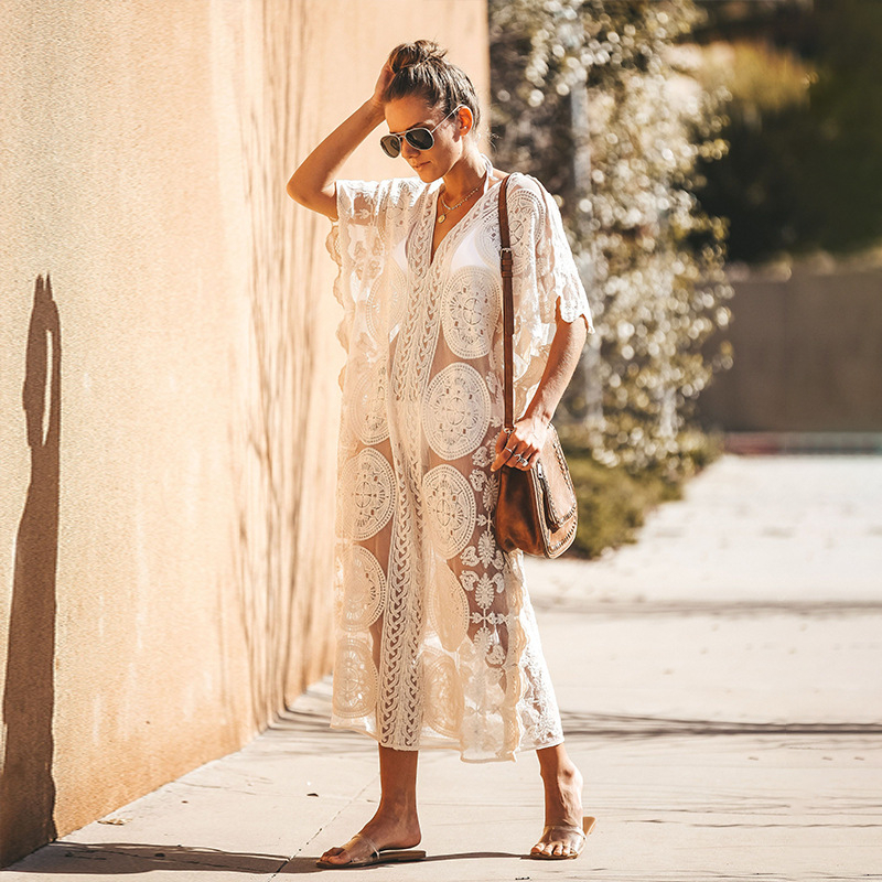 Ženski mrežasti izvezeni plažni prehoz, pamuk podstava, 100% pamuk, 220 g, za plivanje