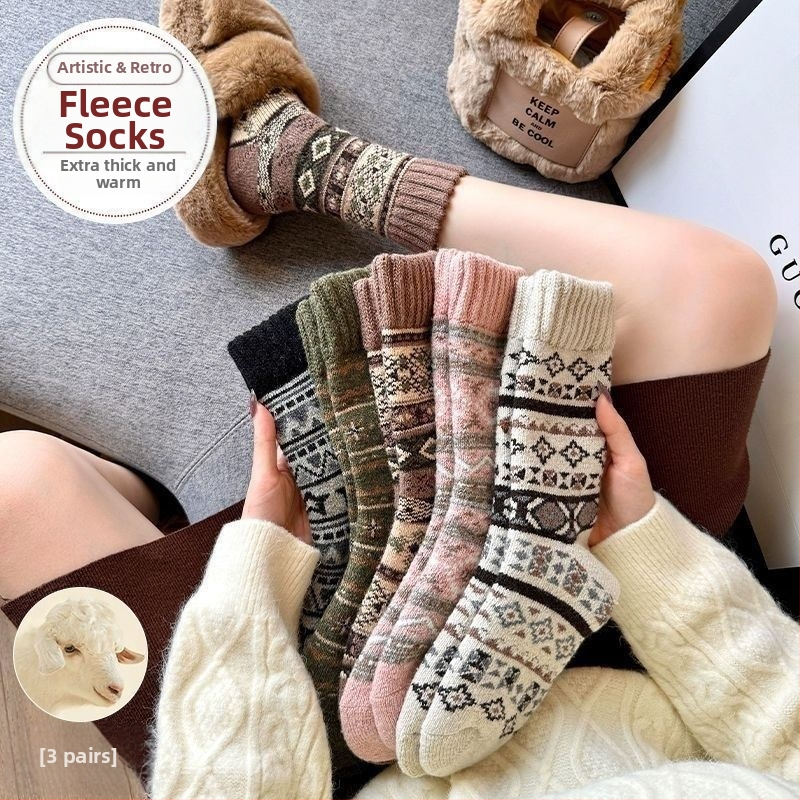 Vlnené ponožky, zimné hrubé, retro etnický štýl, pár pre dvojicu, ponožky terry do lýtka
