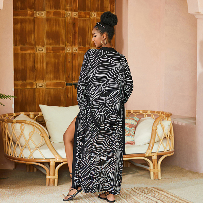 Plažna bluza za prekrivanje - otisnuti rayon materijal, pamuk podstava, 310 g, dugi kardigan stil, zaštita od sunca