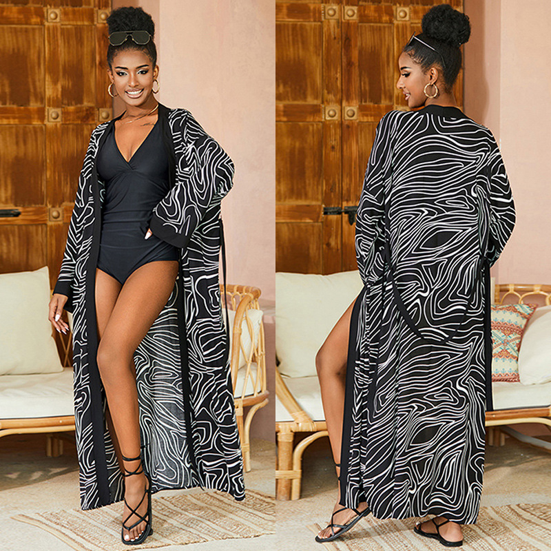 Plažna bluza za prekrivanje - otisnuti rayon materijal, pamuk podstava, 310 g, dugi kardigan stil, zaštita od sunca