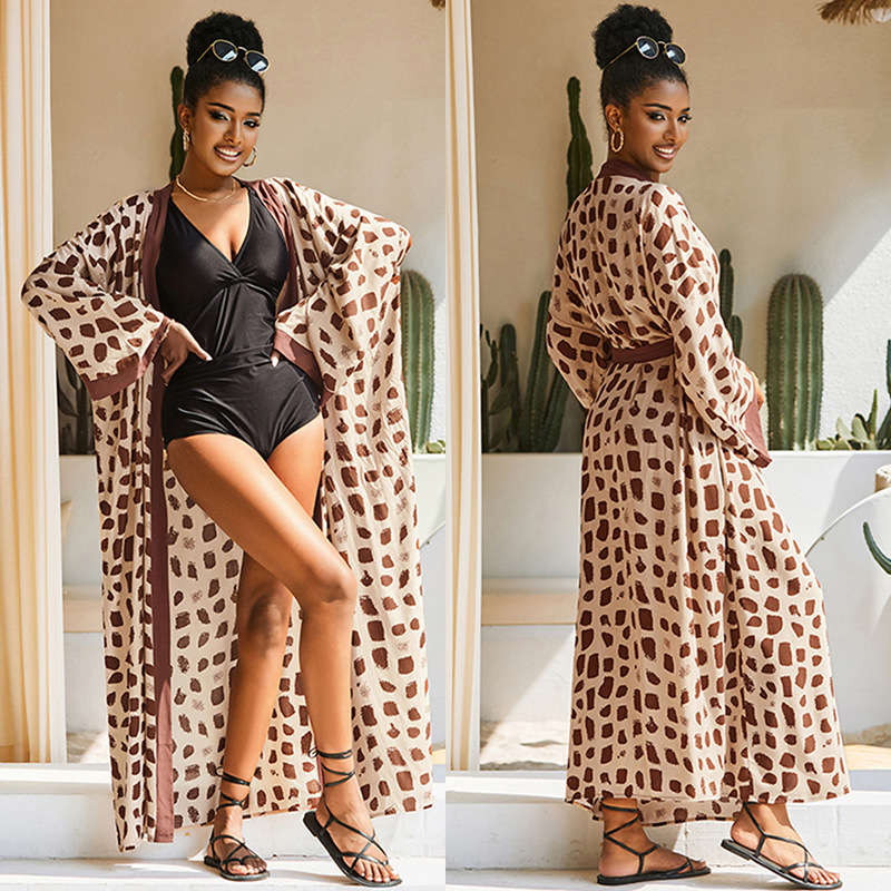 Plažna bluza za prekrivanje - otisnuti rayon materijal, pamuk podstava, 310 g, dugi kardigan stil, zaštita od sunca
