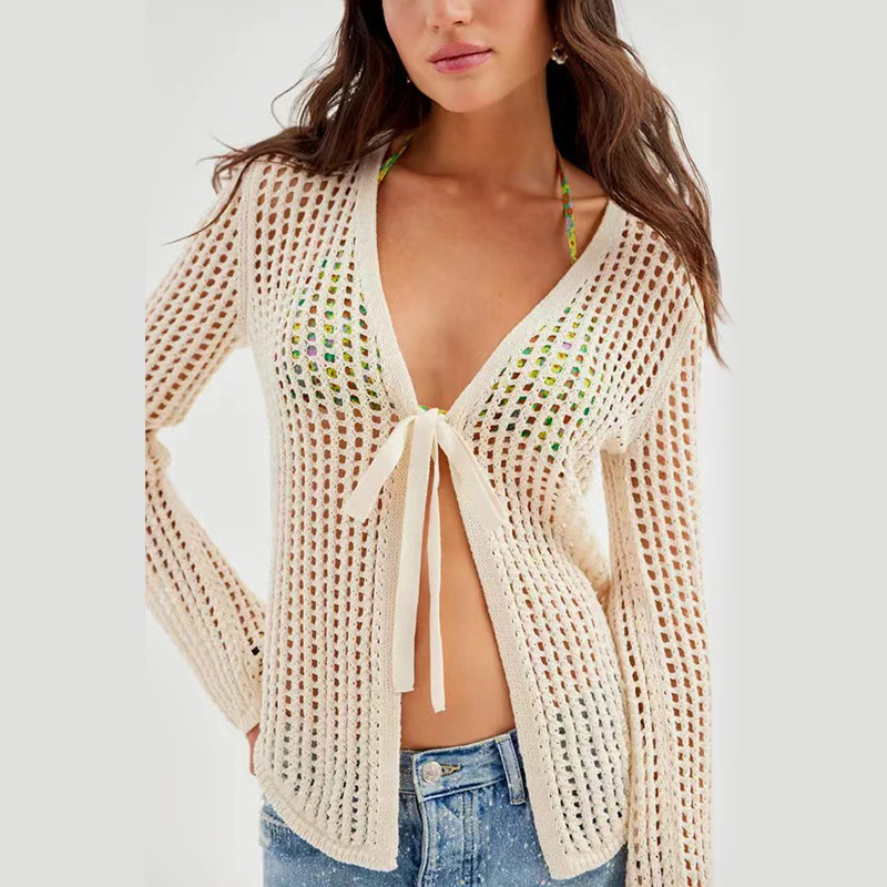 Ženski plažni cover-up za bikini – pleteni prozirni dizajn, umjetni kašmir, 80% akril, 240 g/m², podstava najlona 20%