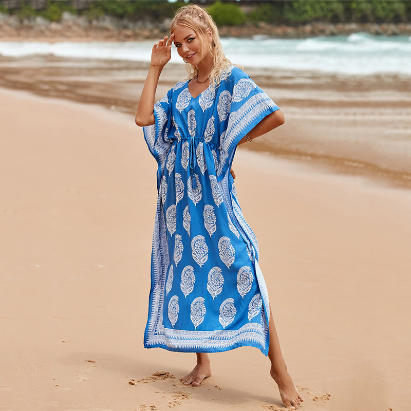 Rayon plažni cover-up s pamukovom podstavom, udoban kroj, vezanje u struku, pogodna za plivanje i šetnju plažom