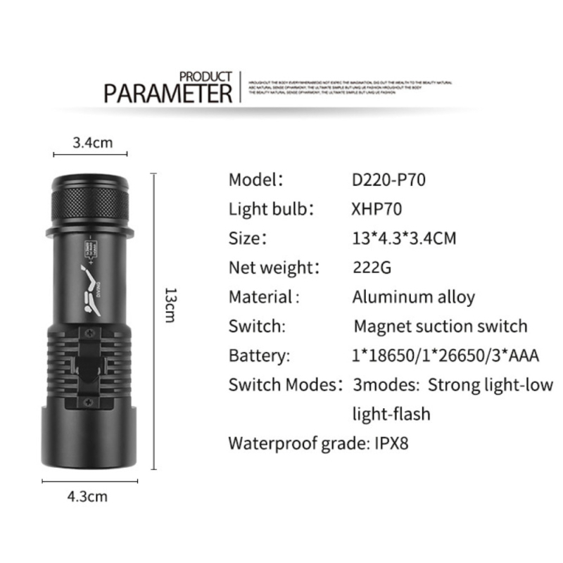 D220 dvostruka potopna LED svjetiljka, 15W LED, aluminijsko kućište, domet 200–500 m, Baterije: 1x18650/1x26650/3xAAA