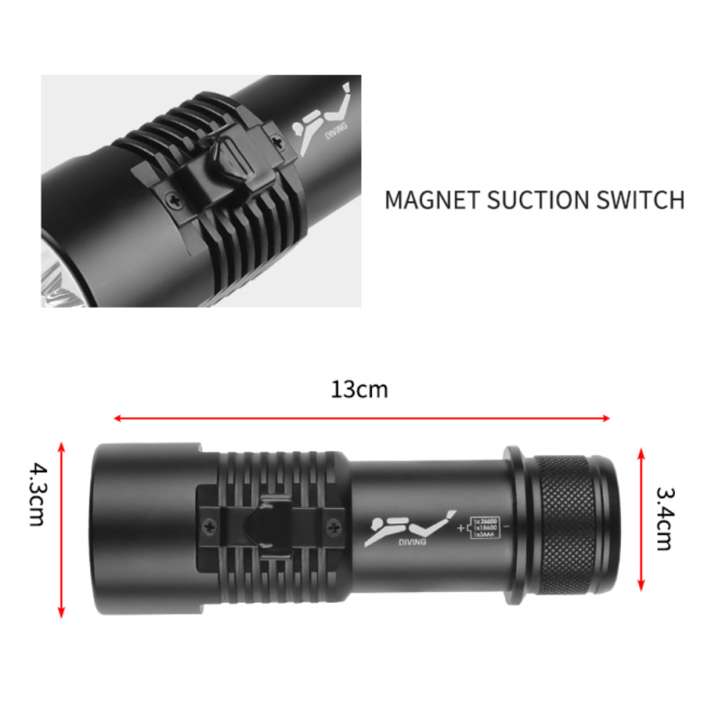 D220 dvostruka potopna LED svjetiljka, 15W LED, aluminijsko kućište, domet 200–500 m, Baterije: 1x18650/1x26650/3xAAA