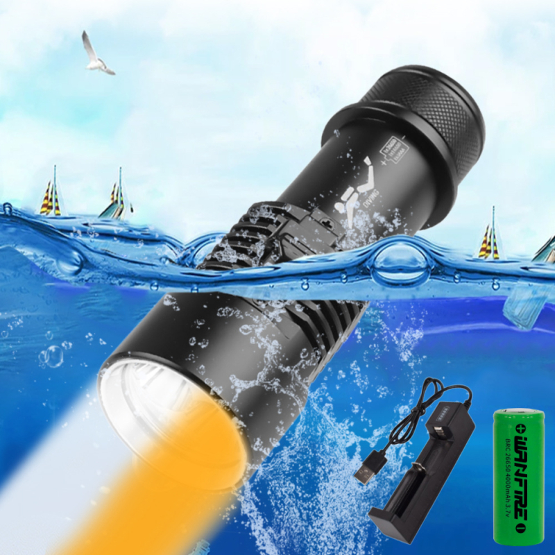 D220 dvostruka potopna LED svjetiljka, 15W LED, aluminijsko kućište, domet 200–500 m, Baterije: 1x18650/1x26650/3xAAA