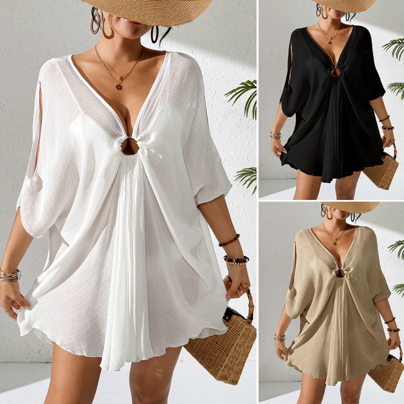 Trendy CYBK2848 Strandfedő ruha — Rayon; Poliészter 50–70%; V-nyak kerek gyűrűvel; Batwing ujjak