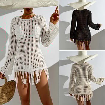 Strandfedőruha átlátszó kötésű, hosszú ujjú, bojtokkal; poliészter anyag, 100% poliészter bélés, 237 g; alkalmas úszáshoz és edzéshez