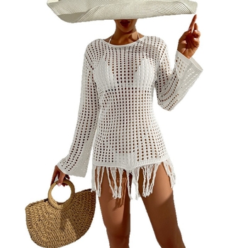 Strandfedőruha átlátszó kötésű, hosszú ujjú, bojtokkal; poliészter anyag, 100% poliészter bélés, 237 g; alkalmas úszáshoz és edzéshez